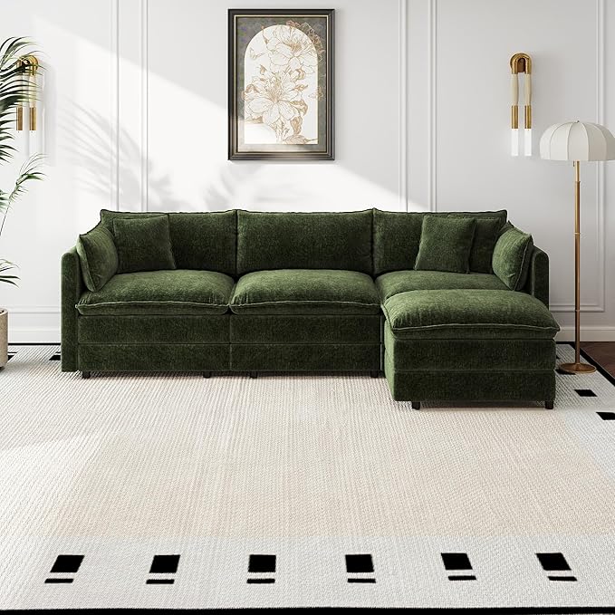 Aoowow Modular Sectional Sofa Modern Convertible L Shaped Couch,112.2 Inch Deep 3-Seater Sofas Set Comfy Chenille Cloud Sofas and Couches with Movable Ottoman for Living Room Apartment（Green）