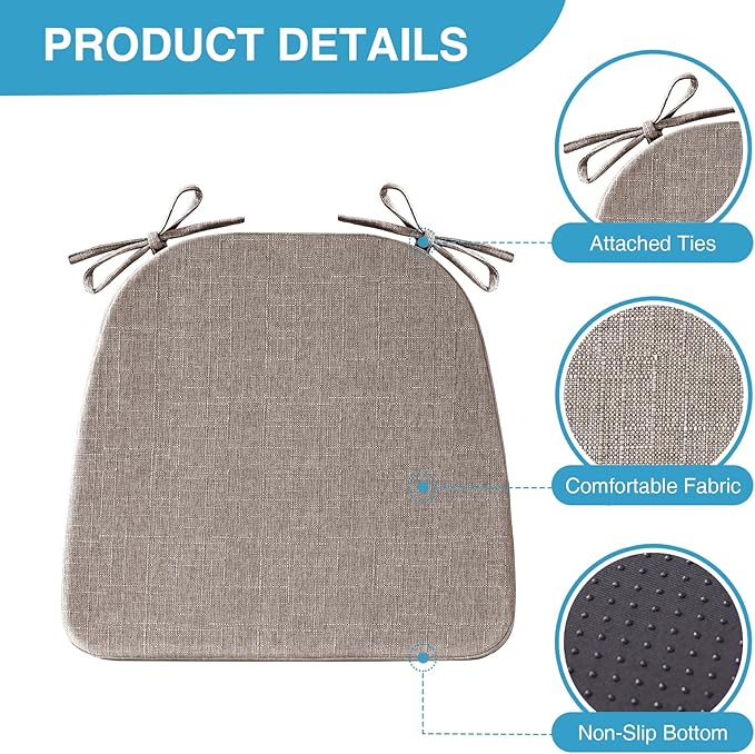 Chair Cushions for Dining Chairs Set of 6, Non Slip Kitchen Chair Pads, 17" x 16" x 2", Indoor Dining Chair Cushions with Ties, D-Shaped Seat Cushions for Kitchen Chairs, Light Brown