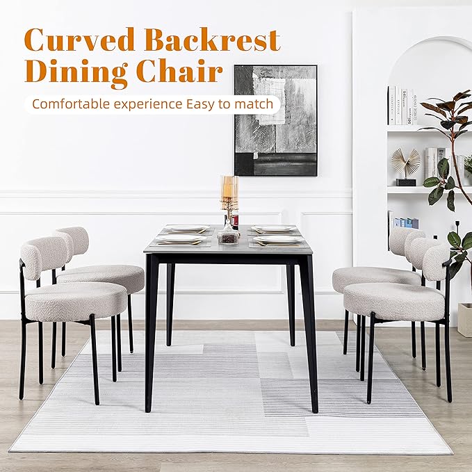 DYHOME Light Grey Boucle Dining Chairs Set of 2, Mid Century Modern Upholstered Kitchen Chairs with Curved Backrest and Black Metal Legs