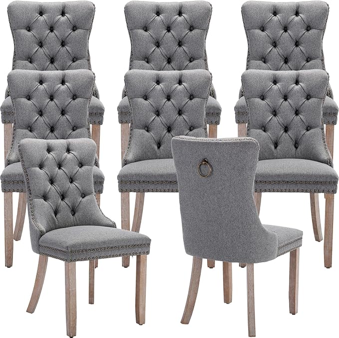 YeahFurn Grey Mid Century Modern Dining Chairs Set of 8, Linen Upholstered Kitchen & Dining Room Chairs with Nailhead Trim & Solid Wood Legs, Elegant Sillas De Comedor (Grey, 8 Pcs)