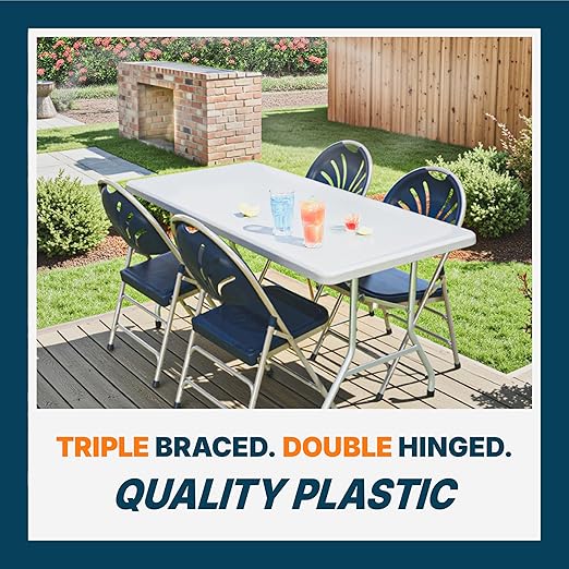 OEF Furnishings OEF1100 Series Premium Heavy-Duty Plastic Folding Chairs, Commercial Fanback Event Chairs with Triple Brace and 500 lb Capacity (4-Pack, Blue Plastic with Gray Frame)