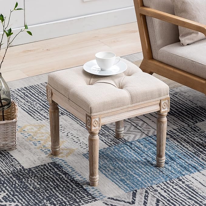 DM Furniture French Vintage Entry Bench Linen Fabric Foot Stool Small Ottoman Seat Vanity Chair with Wood Legs for Piano/Entryway Bedroom/Living Room/Hallway (Beige)