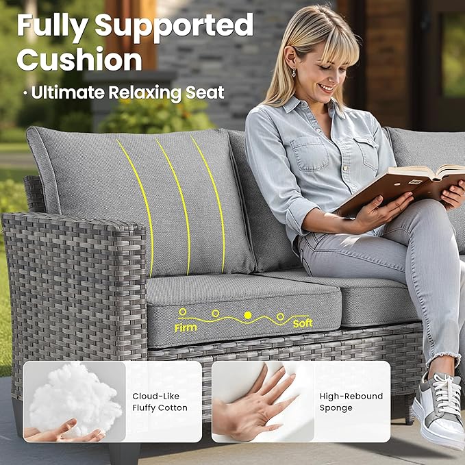 ovios 9 Pieces Patio Furniture Set, Outdoor Wicker Sofa Couch with Rocking Swivel Chairs Fire Pit Table, Modern Deep Seat Rattan Conversation Sets for Deck Porch, Dark Grey