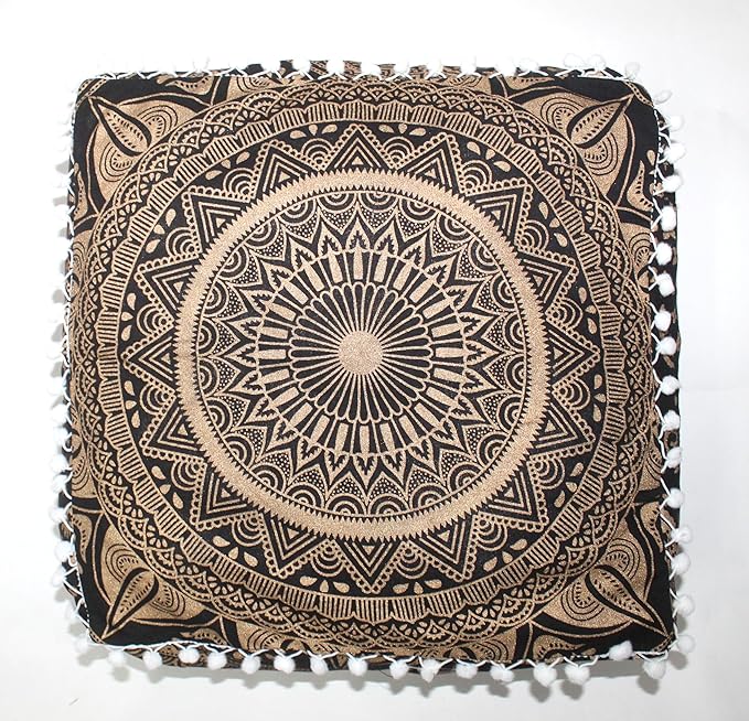 CRAFT KALA 16" Square Large Hippie Mandala Meditation Floor Ottoman Pillow Cushion Pouf Cover Square Poufs Bohemian Circle Floor Cushion Case Outdoor Fireplace Yoga Living Room Decor Cover Black Gold