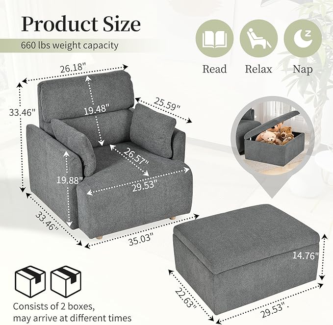 QKFF Modern Oversized Accent Chair with Storage Ottoman & 2 Side Pillows, Snowflake Fleece Upholstered Chaise Lounge Chair, Deep Seat Reading Chair for Living Room, 350lbs Capacity