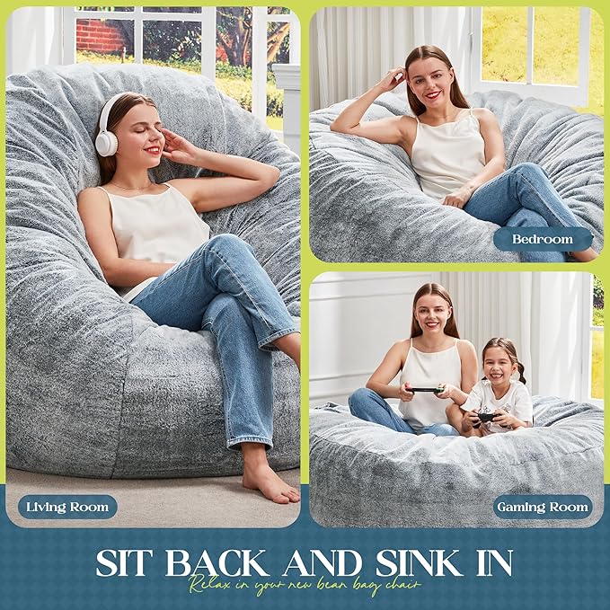 Hobestluk Bean Bag Chairs Giant Beanbag Chair with Filler, Memory Foam Bean Bags with Fluffy & Machine Washable Cover, Bean Bag Chairs for Aduts for Living Room, Bedroom (Grey, 5FT - 50” x 50” x 24”)