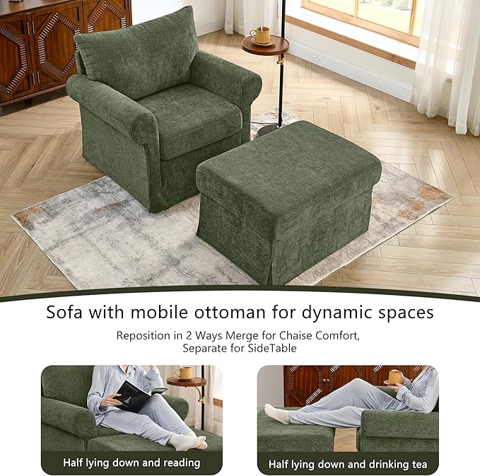 35.82" Accent Chair with Ottoman Set,Upholstered Living Room Chairs for Reading Chair with Chaise Lounge Chairs Indoor, Comfortable Armchair for Bedroom (Green, 35.82")