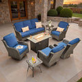 ovios 8 Pieces Patio Furniture Set, Outdoor Wicker Sofa Couch with Swivel Chairs 42" Fire Pit Table, High Back Modern All Weather Conversation Sets, Brown Rattan, Navy Blue