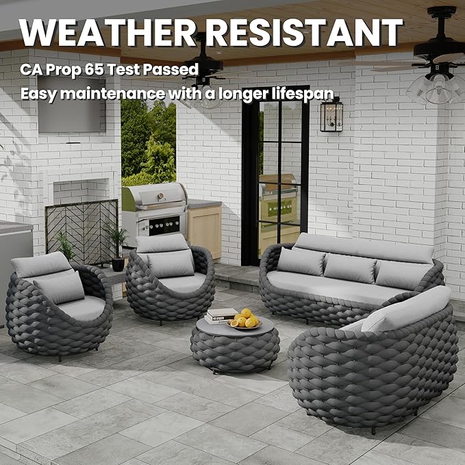 Erotr Patio Conversation Deck Furniture Set: 6-Piece Aluminum Woven Rope Outdoor Sofa Set - Modern Cushioned Couch Set - No Assembly Metal Porch Seating for Deck Yard Garden Lanai Pool Hotel Resort