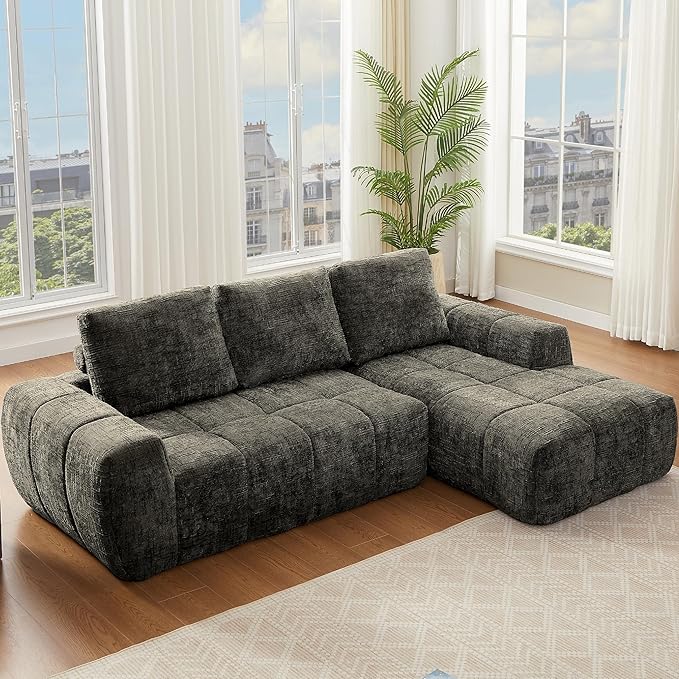 KEIKI Sectional Chenille Floor Sofa, Convertible L-Shaped Boneless Cloud Sleeper Couch with Chaise Lounge, Space Saving Modular Couches Bed for Living Room Bedroom, No Assembly Required, Ripe Olive