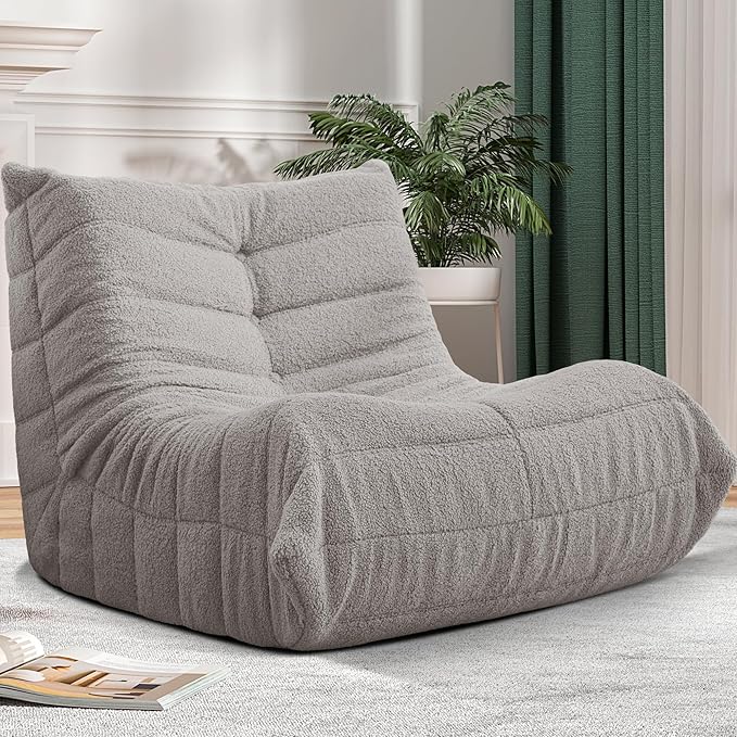 Bean Bag Chair Big Sofa Beanbag Chair for Adults Fireside Chair Bean Bag Lounger with Memory Foam Filled for Home,Apartment or Gaming Venue(Lightgrey Teddy)