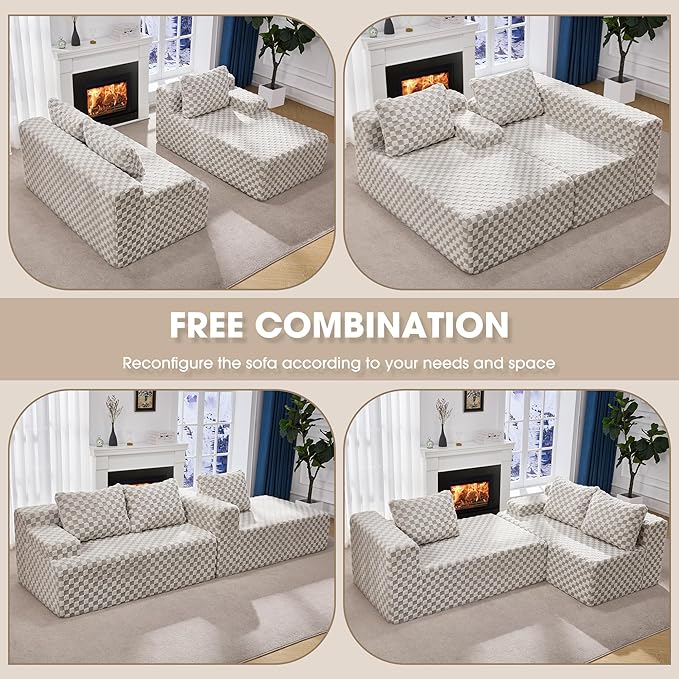 Modular Sectional Sofa Couches L-Shape Couch 3 Seat Modular Sofa Memory Foam Sectional Couches for Living Room, Cloud Couch with Oversized Chaise (GREYGREEN Check, 96" Right Facing Chaise)