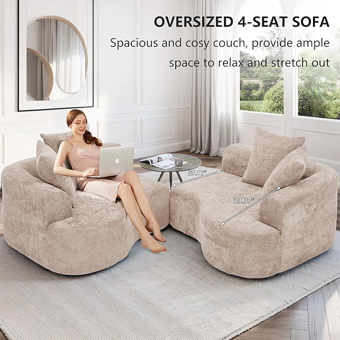 109” Curved Sectional Sofa, Chenille Fabric Modular Cloud Couch, No Assembly Required Half Moon Couch with Deep Seat, 4 Pillows for Living Room, Apartment, Bedroom