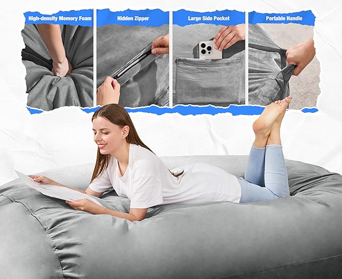 Hobestluk 6FT Bean Bag Chair Large Beanbag Lounger with Removable Cover Adult Bean Bag Chair with Portable Handle Desgin for Living Room Bedroom (Grey, 6FT)