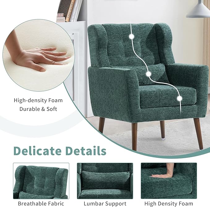 CHSICFOR Modern Accent Chair, Upholstered Arm Chair with Waist Pillow, Single Sofa Chair for Living Room Bedroom Small Spaces (Green)