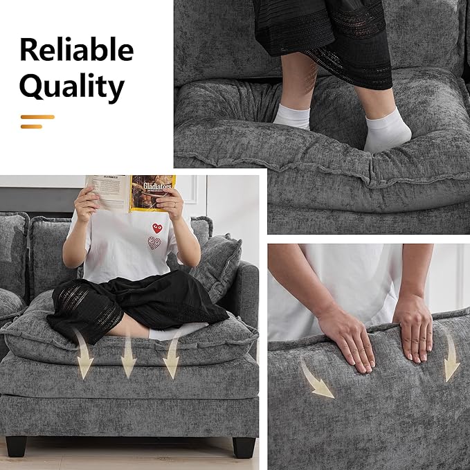 111'' Sectional Cloud Deep Seat Couch, Oversized Chenille U Shaped Sectional Sofa for Living Room Set, Comfy Upholstered Modular 3-Seats Sectional Sofa Couch with 2 Movable Ottoman, Grey