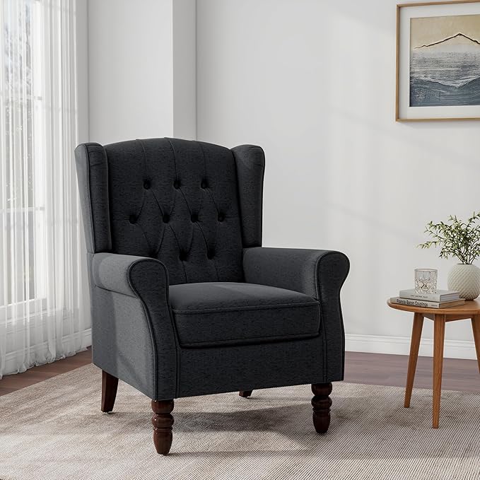 DREAMSIDEA Accent Chair, Upholstered Armchair with Button Tufted High Back & Solid Wood Legs, Comfy Wingback Reading Single Sofa Chair for Small Spaces, Living Room, Bedroom-Blue,1 SEAT