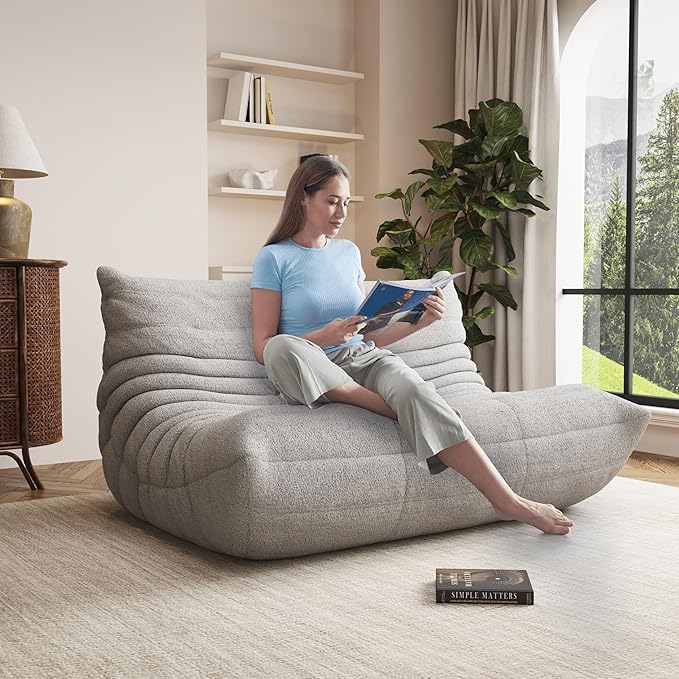 Bean Bag Chair, Oversized Loveseat Fireside Chair for Adults, 2 Seater with Memory Foam Filled, Lazy Sofa Lounge Floor Sofa for Living Room, Bedroom, Office, No Assembly Required. (Grey)