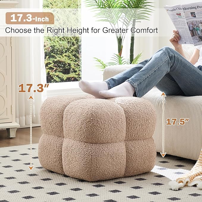 Zesthouse Square Pouf Ottoman, Modern Ottoman Coffee Table for Living Room, Fuzzy Sherpa Stool Foot Rest, Upholstered Tufted Stool for Couch, Tan