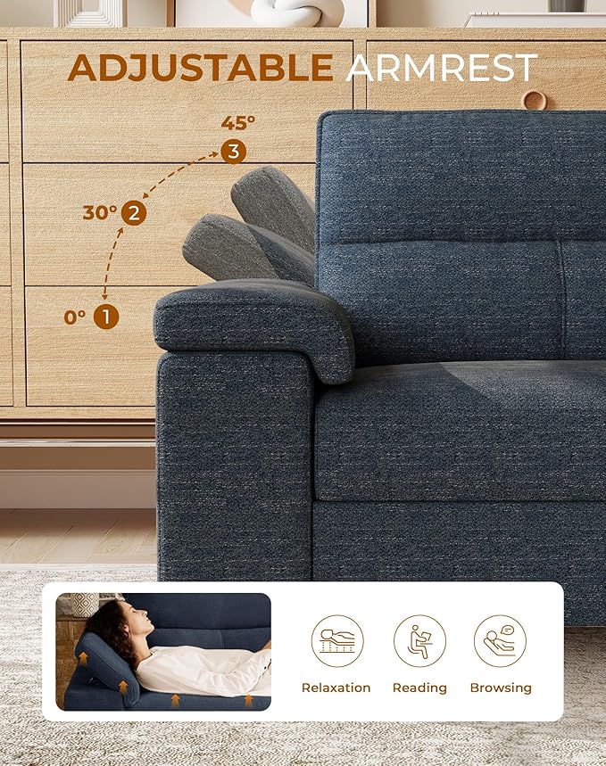 Upvilla 88.97" Modern Sofa Couch for Living Room, Deep Seat Sofas with 8”Cushion, Comfy 2-Seater Chenille Loveseat with Convertible Armrest, Removable Sofa Cover, High Leg (Blue)