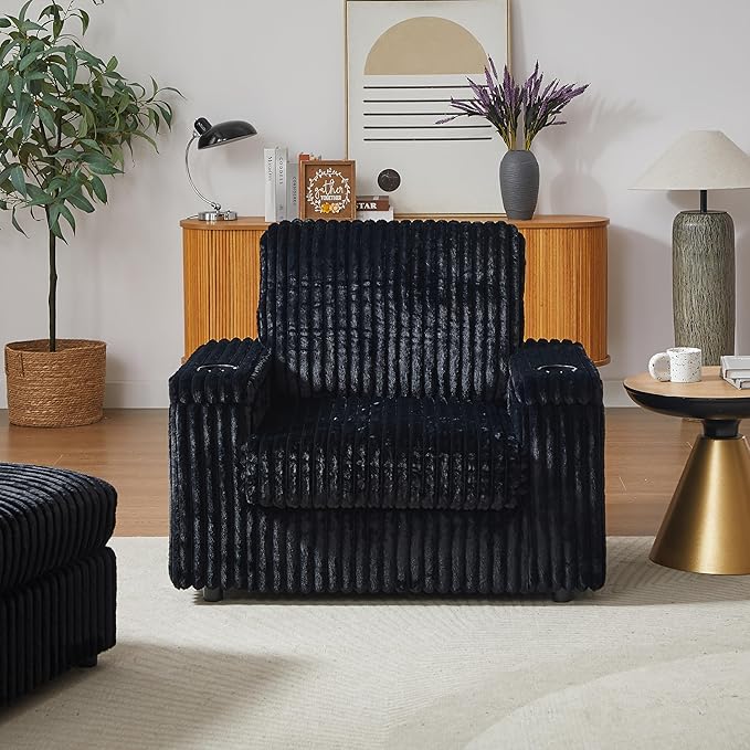 Eafurn 42.5" Oversized Accent Chair with Storage Ottoman Convertible Chaise Lounge, Corduroy Cloud Sofa Chair w/Cupholders, Modern Extra Wide Armchair