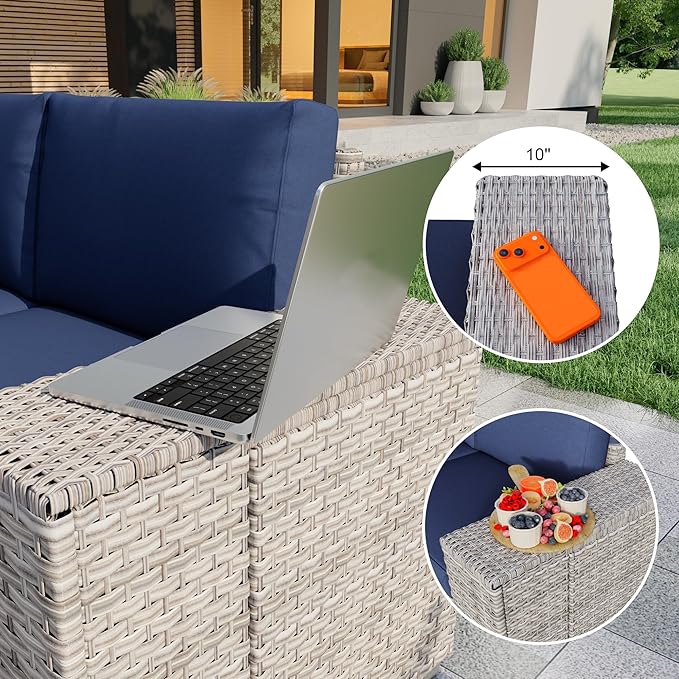PCSXDSW 6 Pieces Patio Conversation Set, Rattan Furniture Set with Wide Armrests and Coffee Table, Outdoor Modular Sectional Couch Wicker Sofa for Garden Backyard Balcony Porch Deck (Blue Cushions)