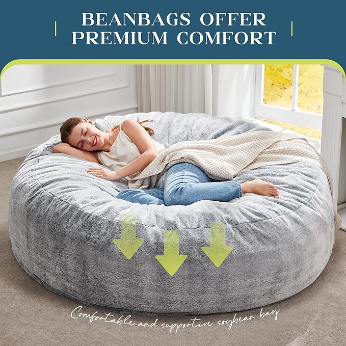 Hobestluk Bean Bag Chairs Giant Beanbag Chair with Filler, Memory Foam Bean Bags with Fluffy & Machine Washable Cover, Bean Bag Chairs for Aduts for Living Room, Bedroom (Grey, 6FT - 70" x 70" x 15")