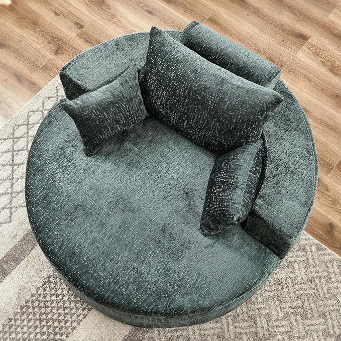 JEEOHEY Modern Round Accent Sofa Chair for Living Room, Upholstered Chenille Barrel Lounge Arm Chair with Large seat&Throw Pillows for Bedroom, Office, Apartment, Green