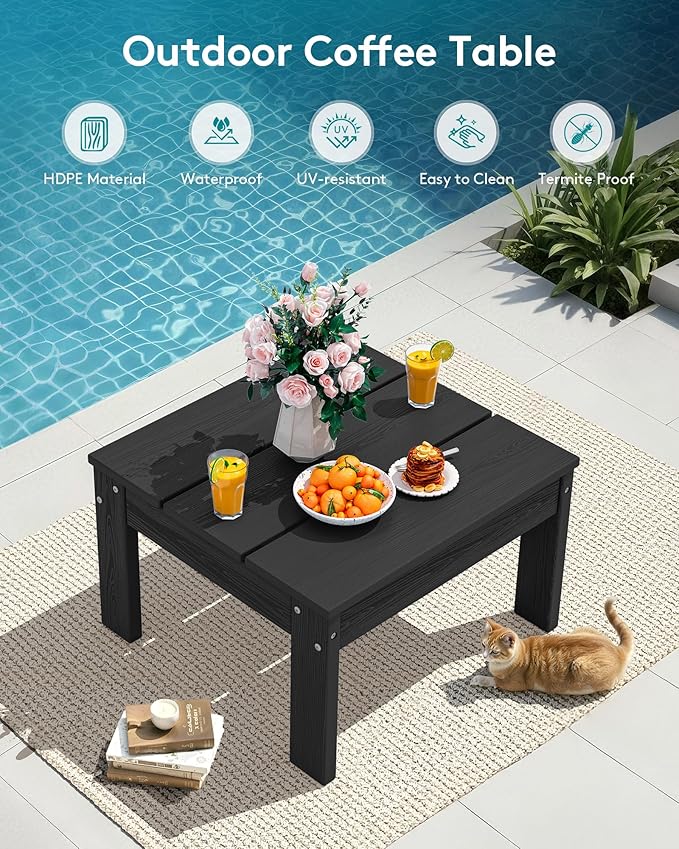 SERWALL HDPE Patio Furniture Set, 8 Seats Outdoor Sectional with Coffee Table, Outdoor Conversation Sets with Adjustable Backrest Sofa for Garden, Poolside, Black Frame with Grey Cushion
