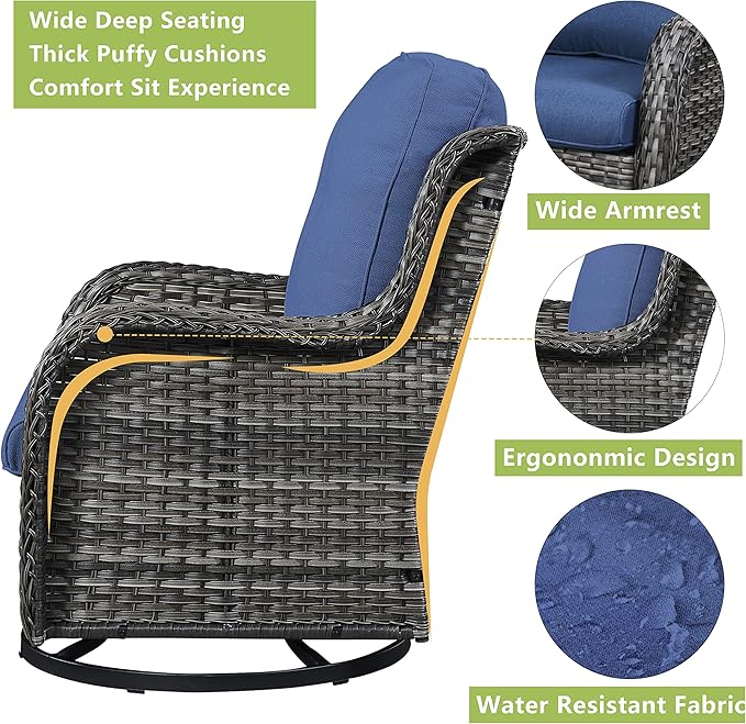Rilyson Wicker Patio Furniture Set - 7 Piece Rattan Outdoor Sectional Conversation Sets with 2 Rocking Swivel Chairs,2 Ottomans,2 Sofa and 1 Coffee Table for Porch Deck Garden(Mixed Grey/Blue)