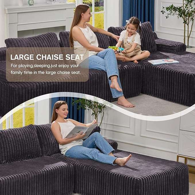 Modular Sectional Sofa Couches L-Shape Couch 3 Seat Modular Sofa Memory Foam Sectional Couches for Living Room, Cloud Couch with Oversized Chaise (Grey Stripe, 108" Right Facing Chaise)