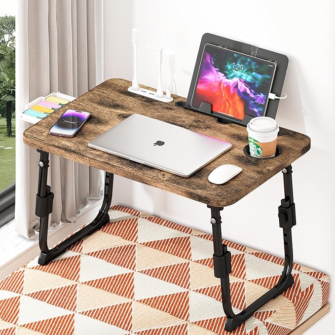 DECOSIS Laptop Desk for Bed Height Adjustable, Lap Bed Table with USB/Storage Drawer/Cup Holder/Tablet Stand/Book Shelf, Foldable Breakfast Tray Portable for Reading Writing, Sofa & Floor, Carbonized