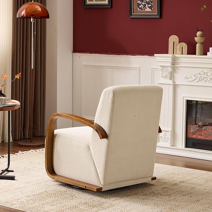 Swivel Accent Chair with Soild Wood Armrest, Modern Lounge Conversation Chair with Pillow, 360-Degree Rotation for Living Room, Office (Fabric, Beige)
