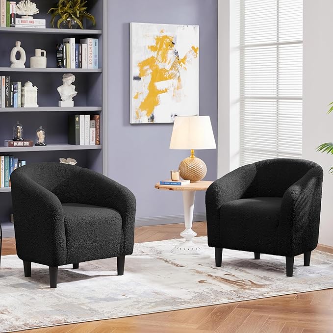 Yaheetech Armchair Set of 2, Boucle Fabric Club Chair, Furry Sherpa Elegant Siting Chair with Cozy Soft Padded for Living Room Bedroom Reception Room Office, Black