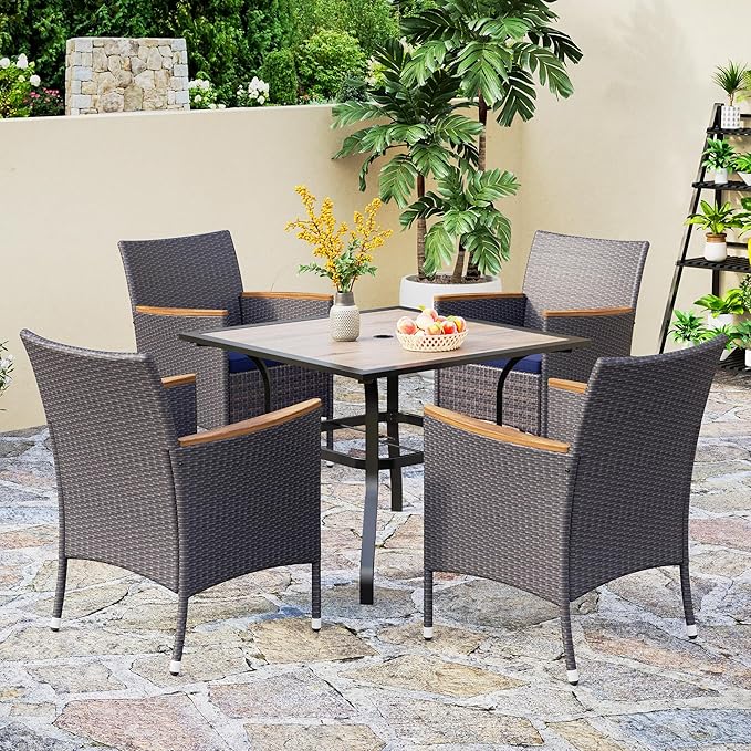 PHI VILLA 35" Rattan Patio Dining Chairs, Perfect for Backyard Bistro Table Outdoor Furniture Garden Table with Umbrella Hole, 4pcs, Black