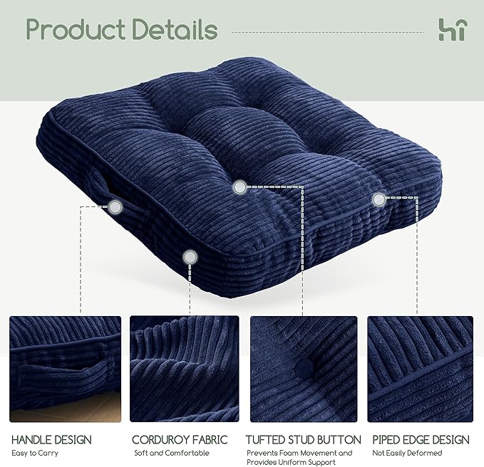 HIGOGOGO Washable Floor Pillow Cushion for Adults, Meditation Cushion Pillow, Large Square Floor Sitting, Removable Tufted Corduroy Cover, for Tatami Living Room or Yoga, 22x22 Inch, Machine Washable