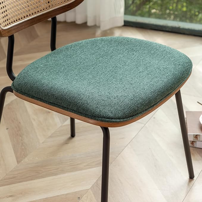 HOCEWI Rattan Dining Chairs Set of 2, Mid Century Modern Dining Chairs with Cane Back for Kitchen Dining Room, 19 Inch Fabric Green