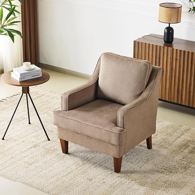 VINGLI Mid-Century Modern Accent Chair, Light Brown Upholstered Armchair Comfy Sofa Chair Reading Chair High Back for Living Room Bedroom Furniture Apartment