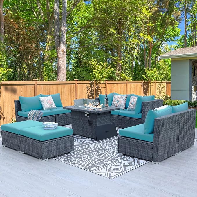 RADIATA 9 Piece Wicker Patio Furniture Set with Fire Pit, All-Weather Outdoor Sectional Couch High Back Large Size, Modular Backyard Seating Sofa Set with Propane/Natural Gas Firepit Table, Grey&Teal
