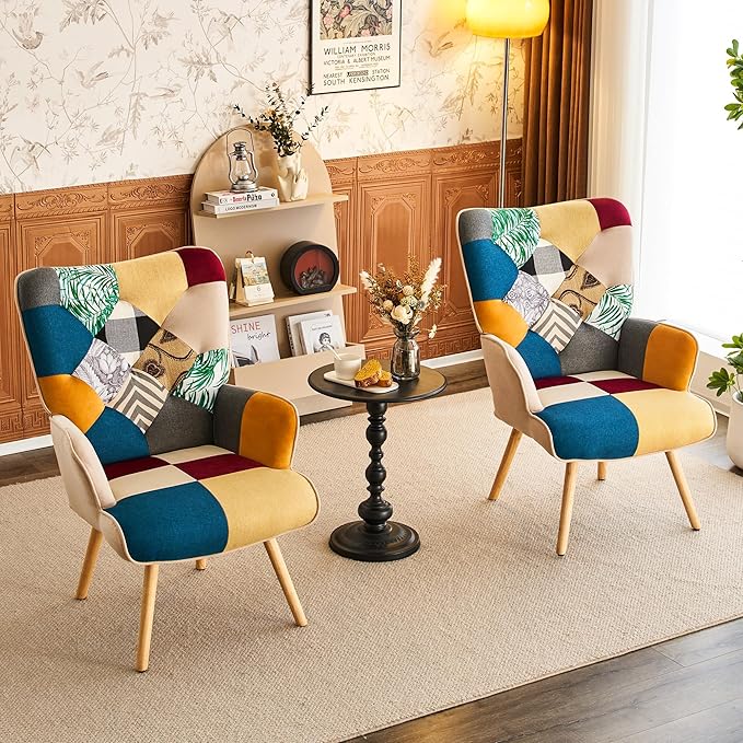 Accent Chair, Living Room Chair, Modern High Back Armchair, Colorful Patchwork Reading Chairs for Bedroom, Lounge Chair with Linen Fabric Shell and Solid Wood Feets (2, Colorful)