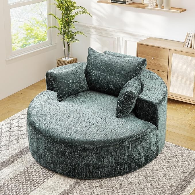 JEEOHEY Modern Round Accent Sofa Chair for Living Room, Upholstered Chenille Barrel Lounge Arm Chair with Large seat&Throw Pillows for Bedroom, Office, Apartment, Green