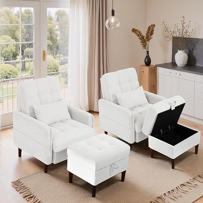 Lumibee Accent Chair with Storage Ottoman, Upholstered Comfy Reading Chair with Adjustable Reclining Backrest, Corduroy Fabric Lounge Chair Armchair for Living Room Bedroom, Set of 2, White
