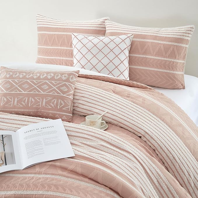 Grand Avenue Cotton California King Size Comforter Set, 6 Piece, Blush Geometric Jacquard Bedding Set, Bedskirt, Pillows & Shams, Home Decor