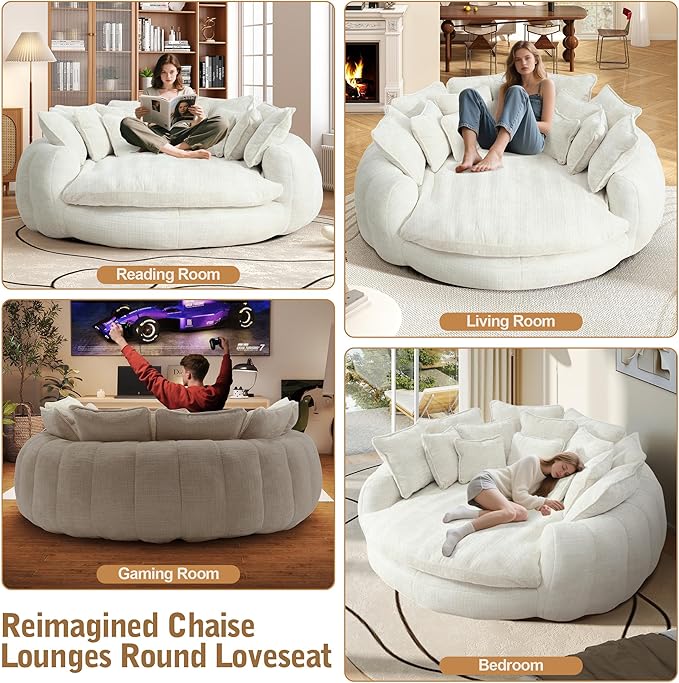 82'' Oversized Upholstered Sofa Bed, Round Chaise Lounge Chair Indoor, Modern Chenille Boneless Couch, No Assembly Required, Plush Sleeper Chair with 14 Pillows for Living Room, Beige