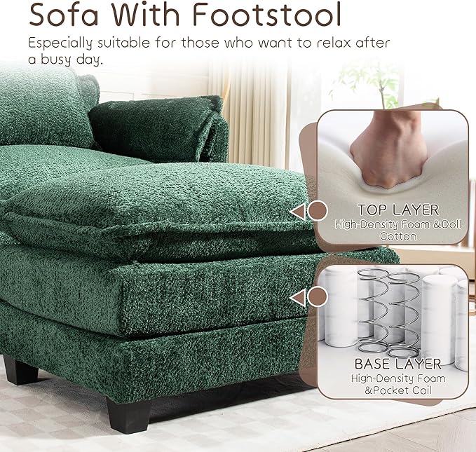KEIKI Boucle Accent Chair with Storage & Ottoman, Oversized Reading Arm Chair w/Double Cushion, Modern Side Deep Seating Chairs Set, Corner Comfy Lounge Armchair for Living Room, Bedroom, Dark Green