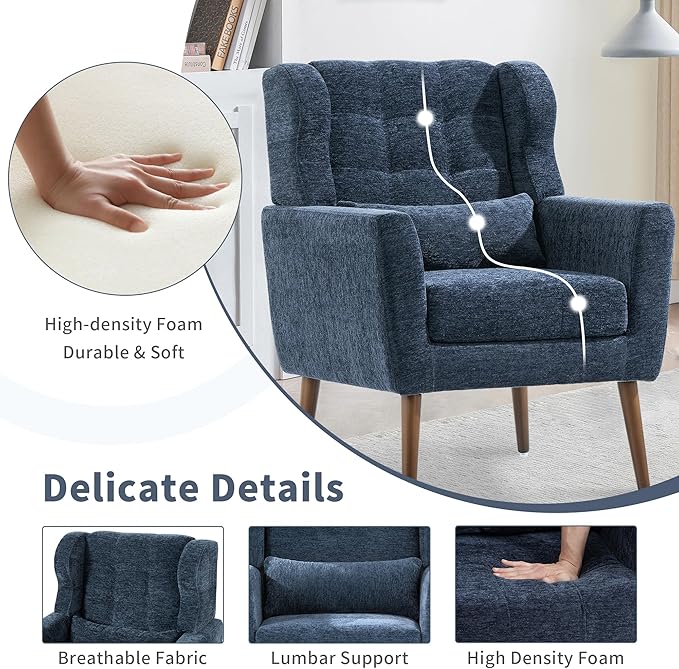 CHSICFOR Modern Accent Chair, Upholstered Arm Chair with Waist Pillow, Single Sofa Chair for Living Room Bedroom Small Spaces (Blue)