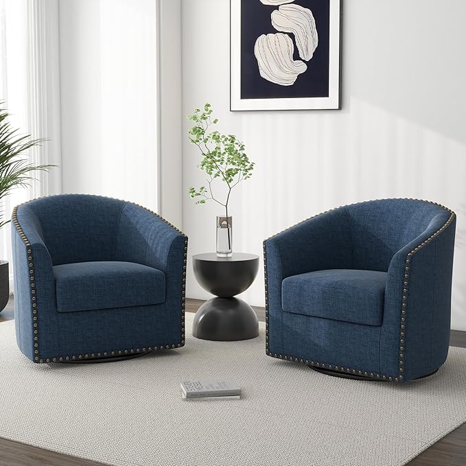 DREAMSIDEA Swivel Barrel Accent Chair, Modern Round Small Reading Armchair for Living Room Bedroom (Blue, Set of 2)