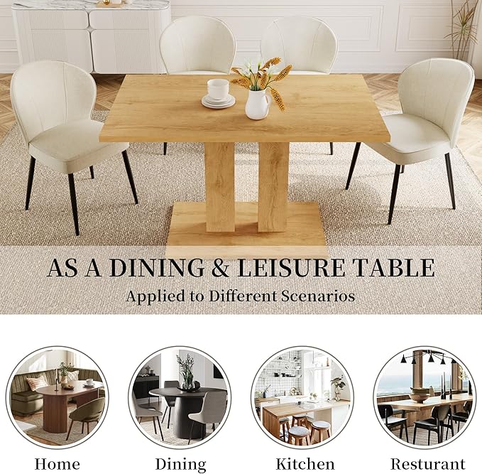 Dining Table Set for 4-6 People, 46 Inch Modern MDF Oak Kitchen Table with 4 Fabric Dining Chairs, Rectangular Dining Room Table Set for Home, Small Spaces, Breakfast Nook (Oak Table + 4 Beige Chairs)