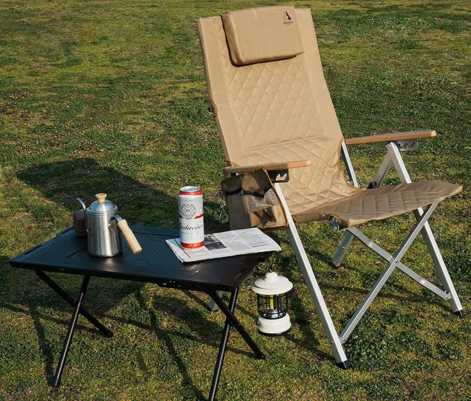 Reclining Camping Chair, Heavy Duty Folding Chairs with 4-Stage Adjustable High Back for Adults, Compact Foldable Outdoor Patio Reclining Chair with Storage Bag (Khaki, 2 Pack)