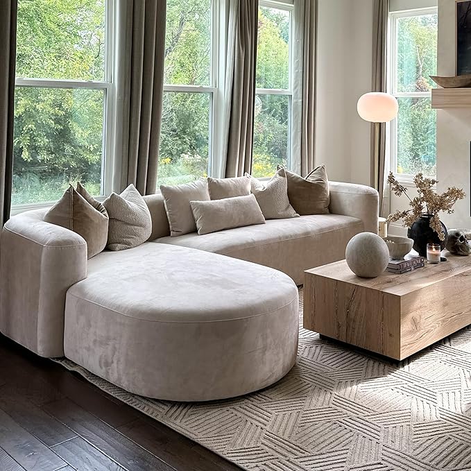 Acanva Luxury Modern Tight Curved Back Velvet Sofa, Minimalist Style Comfy Couch for Living Room Apartment, L-Shaped Sectional with Left Chaise, Cream